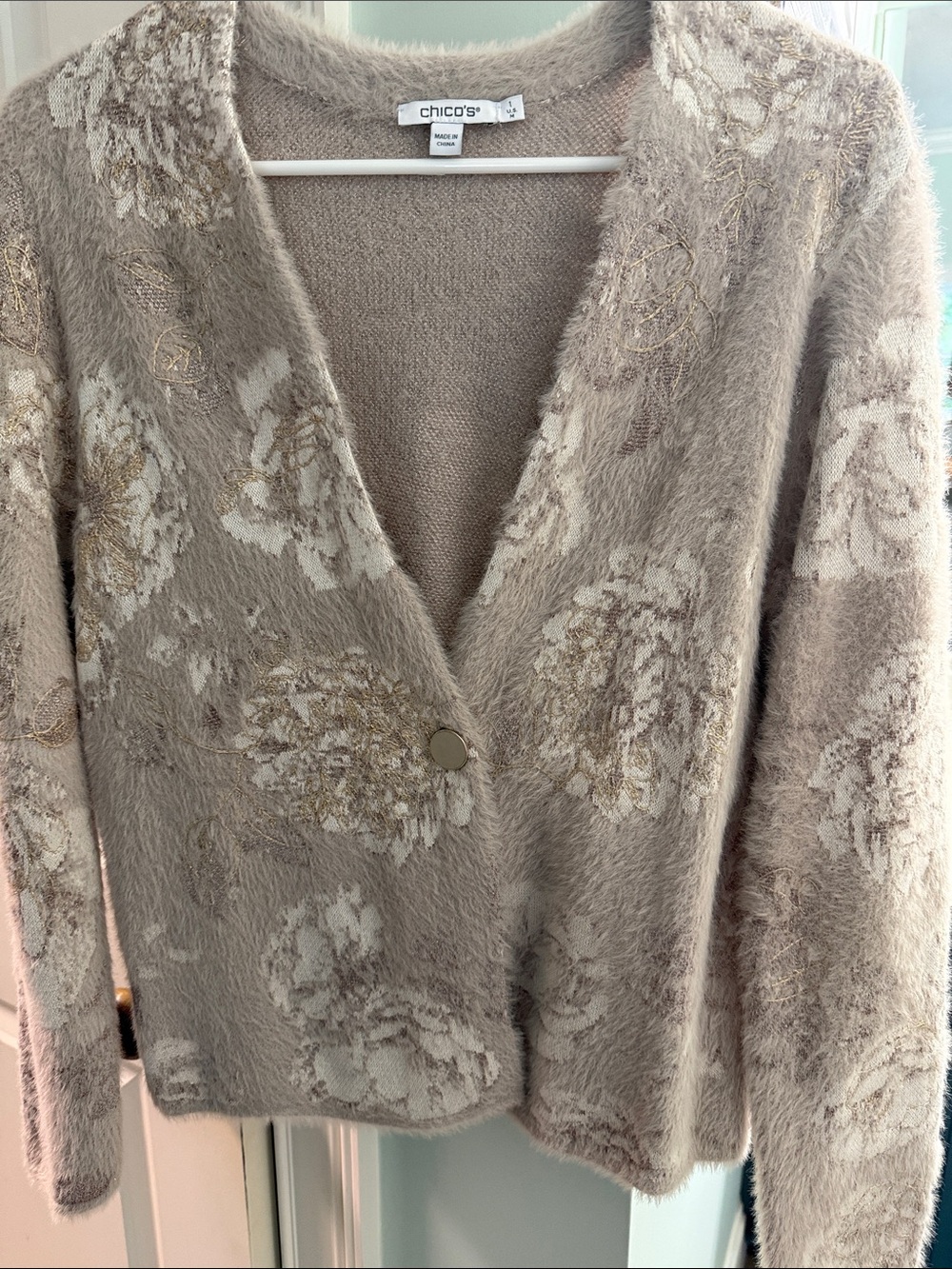 Chico's Taupe and Cream Floral Fuzzy V-Neck Cardigan